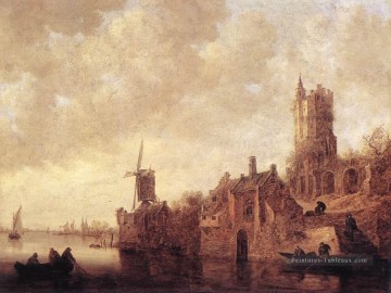  Moulin Tableaux - River Paysage avec un moulin à vent et un château en ruine Jan van Goyen